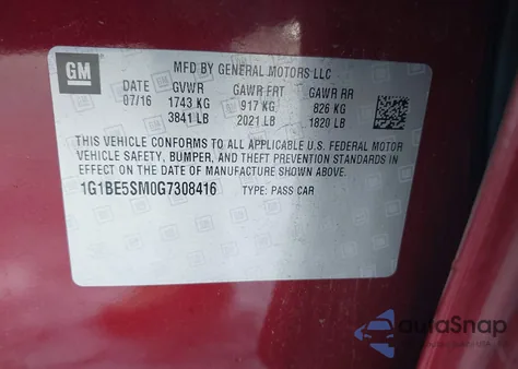 2016 Chevrolet Cruze Lt Auto from USA, damaged, VIN 1G1BE5SM0G7308416